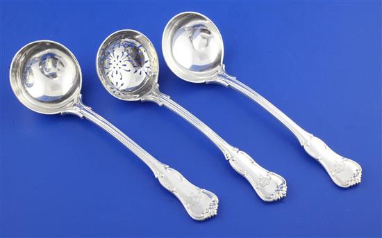 A pair of Edwardian silver double struck Princess pattern sauce ladles and a sifter spoon by Goldsmiths & Silversmiths Co Ltd, 7 oz.